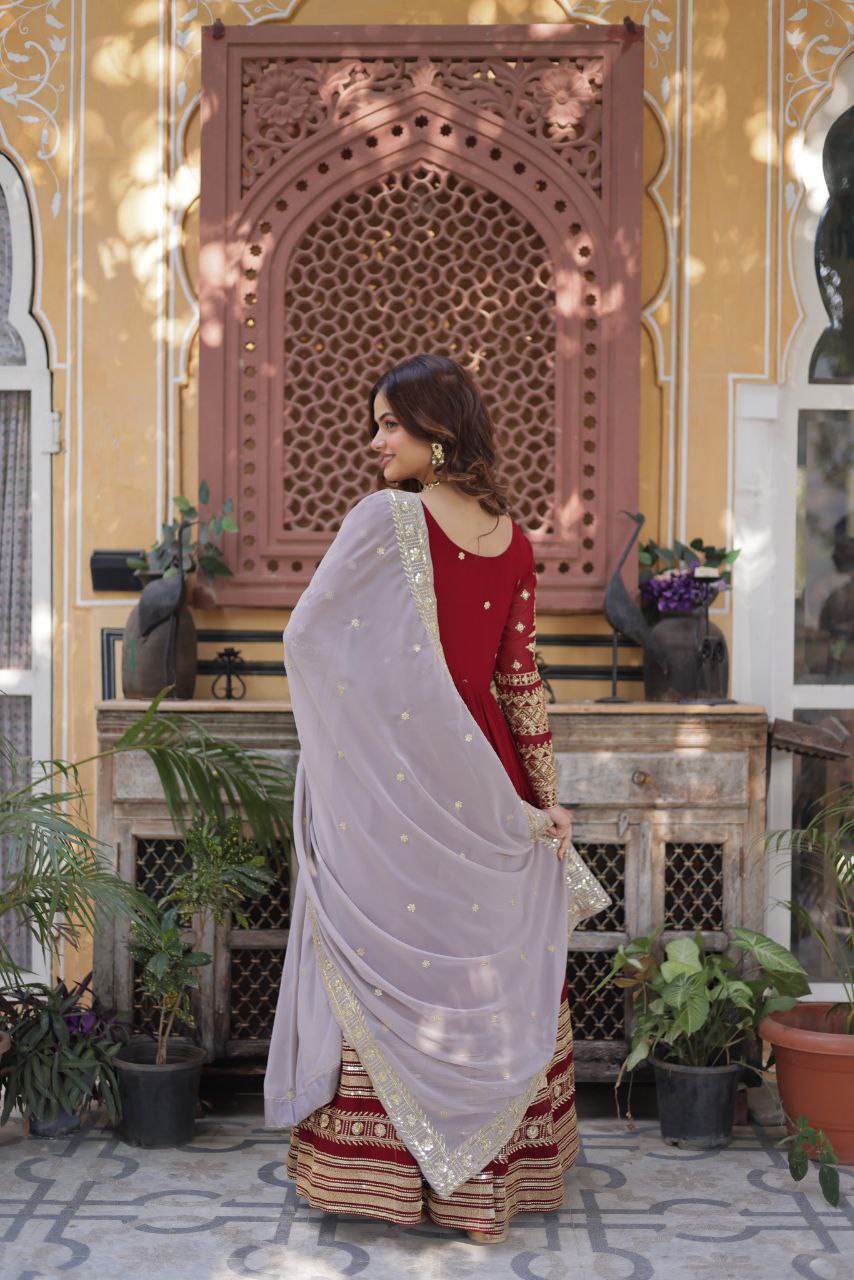 Elegant Maroon Embroidered Gown with Dupatta – Premium Zari & Sequins Designer Collection