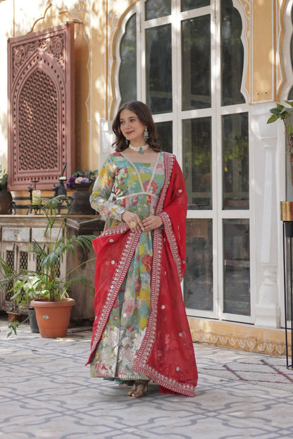 Premium Alia-Cut Russian Silk Gown With Embroidered Dupatta – Ready to Wear Luxury Set