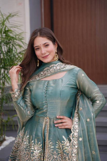 Premium Two-Tone Satin Silk Peplum Gown With Sharara & Embroidered Dupatta – Designer Ready-to-Wear Set