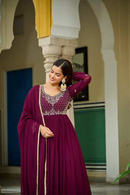 Luxury Wine Embroidered Gown with Dupatta – Beads & Lace Detailing