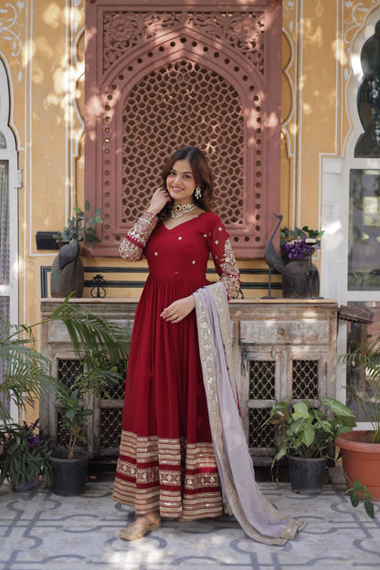 Elegant Maroon Embroidered Gown with Dupatta – Premium Zari & Sequins Designer Collection