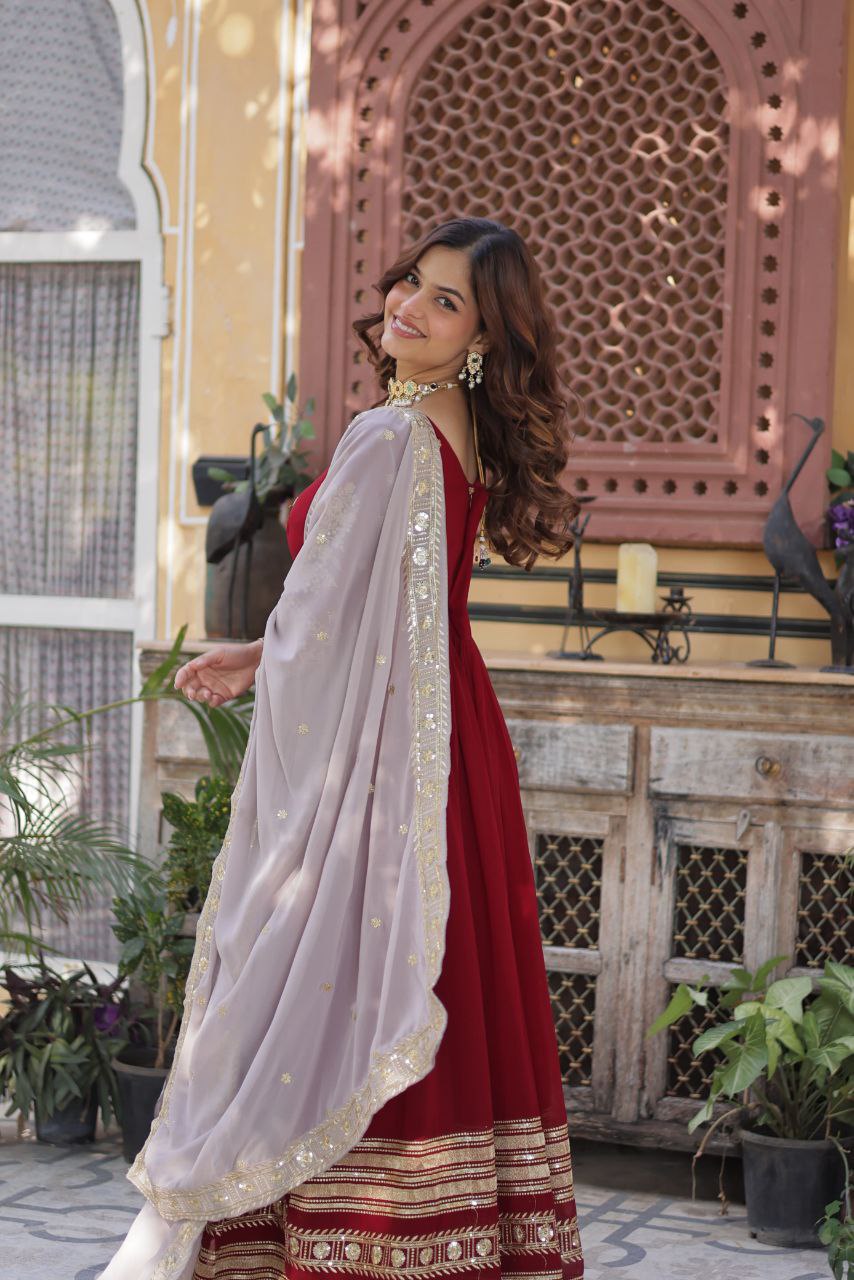 Elegant Maroon Embroidered Gown with Dupatta – Premium Zari & Sequins Designer Collection