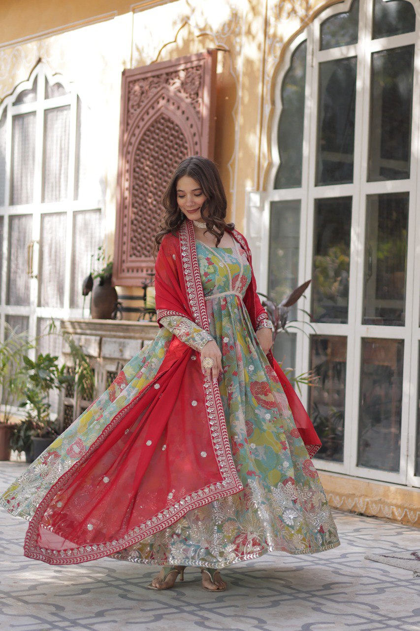 Premium Alia-Cut Russian Silk Gown With Embroidered Dupatta – Ready to Wear Luxury Set