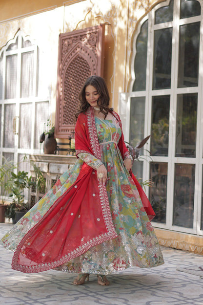 Premium Alia-Cut Russian Silk Gown With Embroidered Dupatta – Ready to Wear Luxury Set