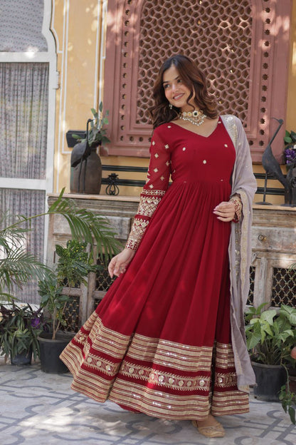 Elegant Maroon Embroidered Gown with Dupatta – Premium Zari & Sequins Designer Collection