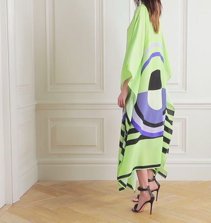 Lime Mirage Silk Kaftan Dress – Bold Geometry, Effortless Elegance