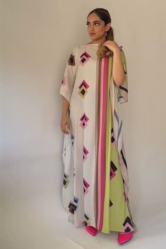 Neon Geo Silk Kaftan Dress – Vibrant Luxe Edition
