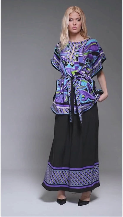 Midnight Mirage Printed Kaftan Co-ord Set – Purple & Teal