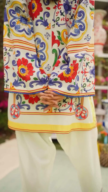 Mediterranean Mosaic Printed Co-ord Set – Multicolor on White