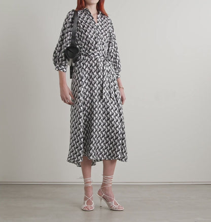 Monochrome Rhythm Midi Shirt Dress – Effortless Elegance in Black & White