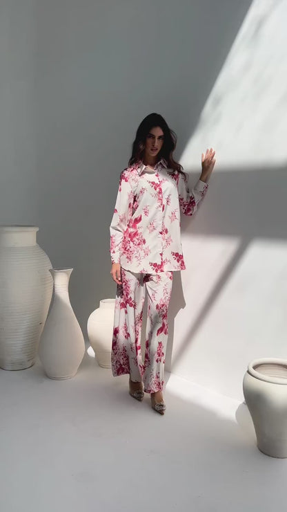 Scarlet Bloom Co-ord Set – White & Red Floral Elegance