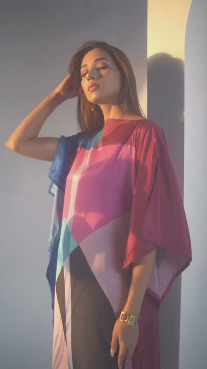 Abstract Multicolor Luxe Satin Kaftan