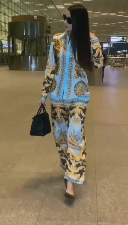 Baroque Luxe Satin Co-ord Set – Turquoise & Gold