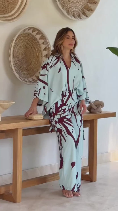 Celeste Wave Printed Co-ord Set – Sky Blue & Maroon