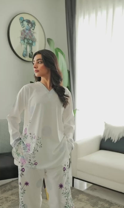 Ivory Bloom Luxe Co-ord Set – White & Lavender Floral