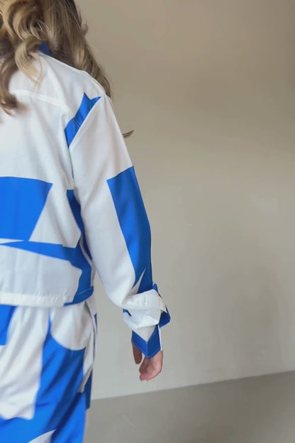 Azure Geometry Co-ord Set – Electric Blue & White Statement Wear