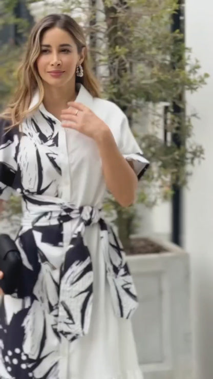 Monochrome Bloom Belted Maxi Shirt Dress – Black & White