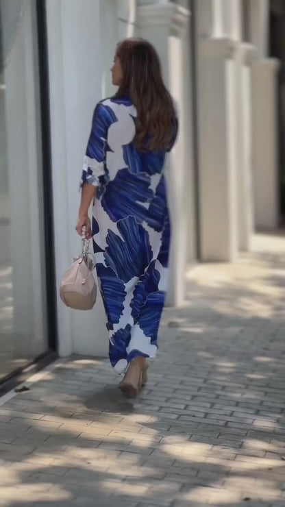 Ocean Bloom Abstract Maxi Shirt Dress – Blue & White