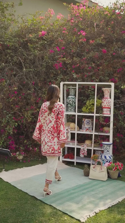 Crimson Bloom Printed Co-ord Set – Ivory & Red