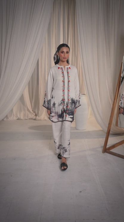 Mystic Forest Co-ord Set – Ivory with Monochrome Nature Print