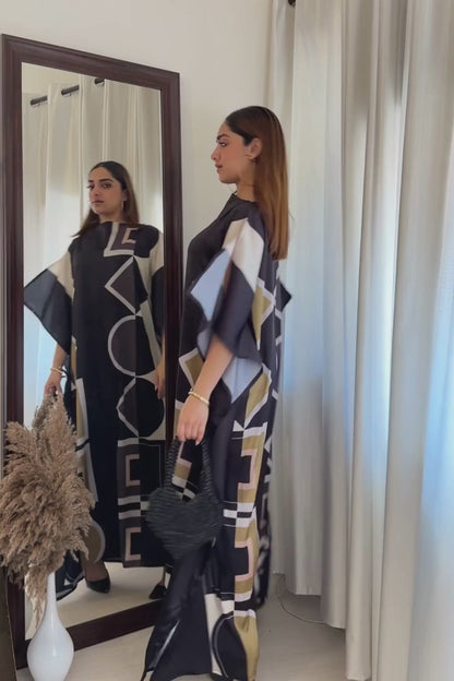 Golden Geometry Kaftan Dress – Luxe Satin Edition