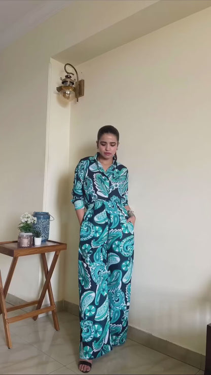 Tropical Swirl Print Co-ord Set – Vibrant Elegance in Teal & Navy