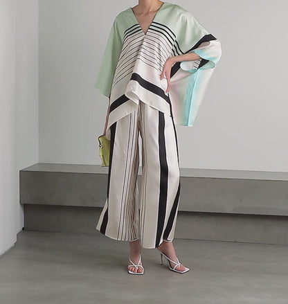 Mint Green & Ivory Striped Silk Co-ord Set (Kaftan Top & Wide-Leg Pants)