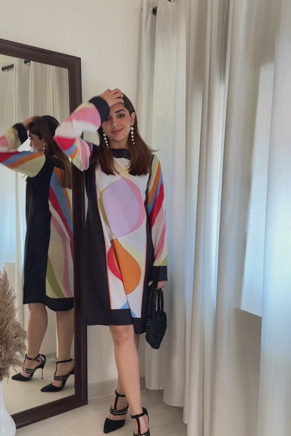 Geometric Colorblock Silk Shift Dress – Multicolor Elegance