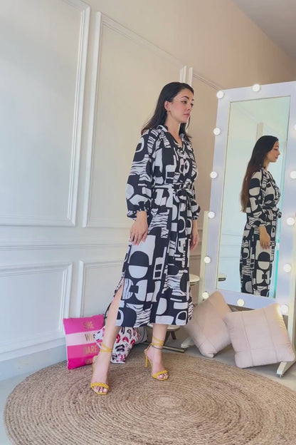 Monochrome Muse Wrap Dress – Black & Ivory Geometric Print