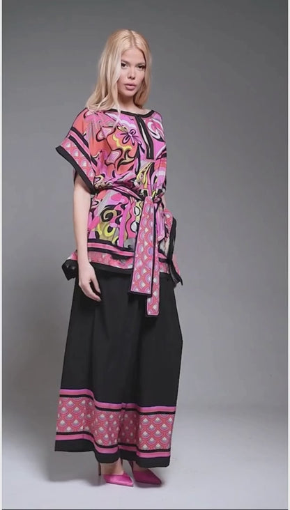 Fuchsia Dream Printed Kaftan Co-ord Set – Pink & Black