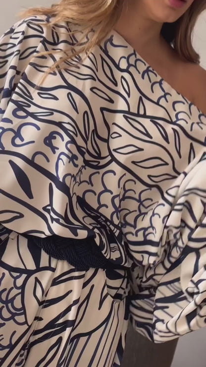 Azure Bloom One-Shoulder Printed Co-ord Set – White & Navy