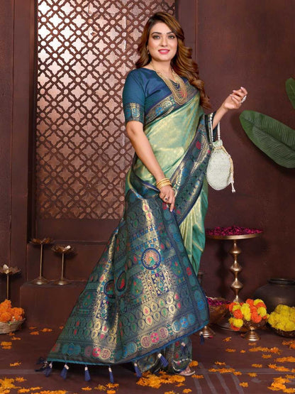 LayrLuxe “Royal Paithani Tissue Weave Saree” – Pure Banarasi Tissue Silk with Contrast Paithani Border & Pallu