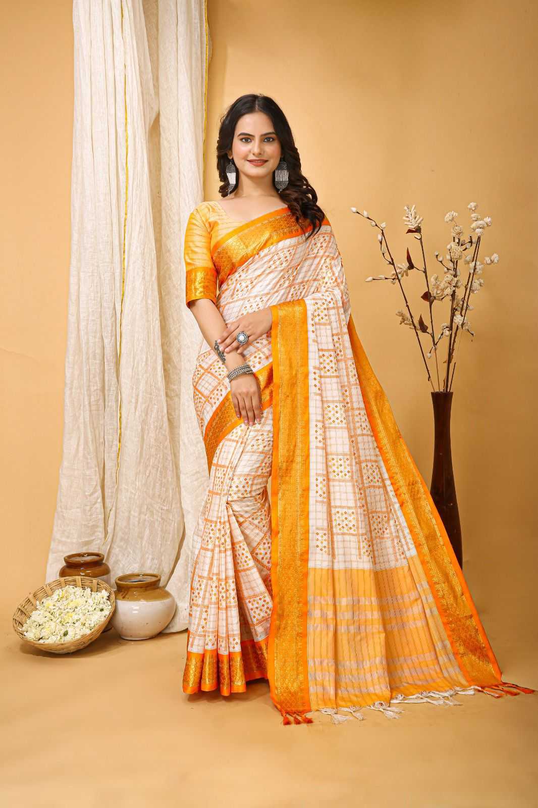 LayrLuxe “Banarasi Chex Royale” Soft Pure Banarasi Silk Saree – Zari Weaving × Block Print Elegance