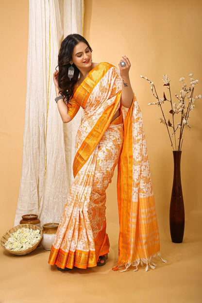 LayrLuxe “Banarasi Chex Royale” Soft Pure Banarasi Silk Saree – Zari Weaving × Block Print Elegance