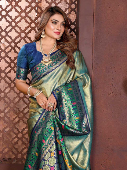 LayrLuxe “Royal Alankar Banarasi Soft Silk Saree” – Rich Woven Design with Contrast Border & Grand Pallu