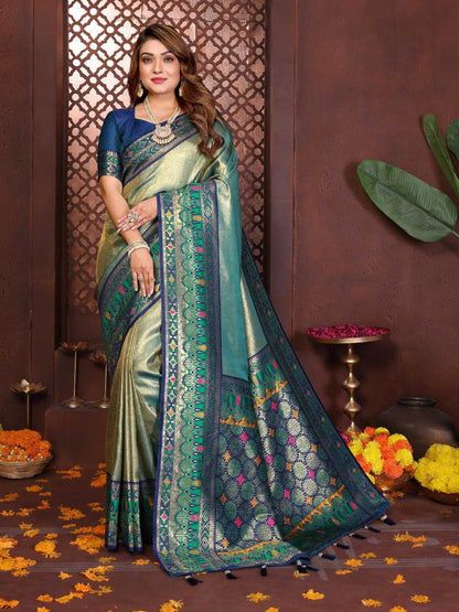 LayrLuxe “Royal Alankar Banarasi Soft Silk Saree” – Rich Woven Design with Contrast Border & Grand Pallu