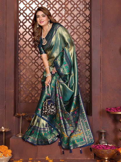 LayrLuxe “Royal Alankar Banarasi Soft Silk Saree” – Rich Woven Design with Contrast Border & Grand Pallu