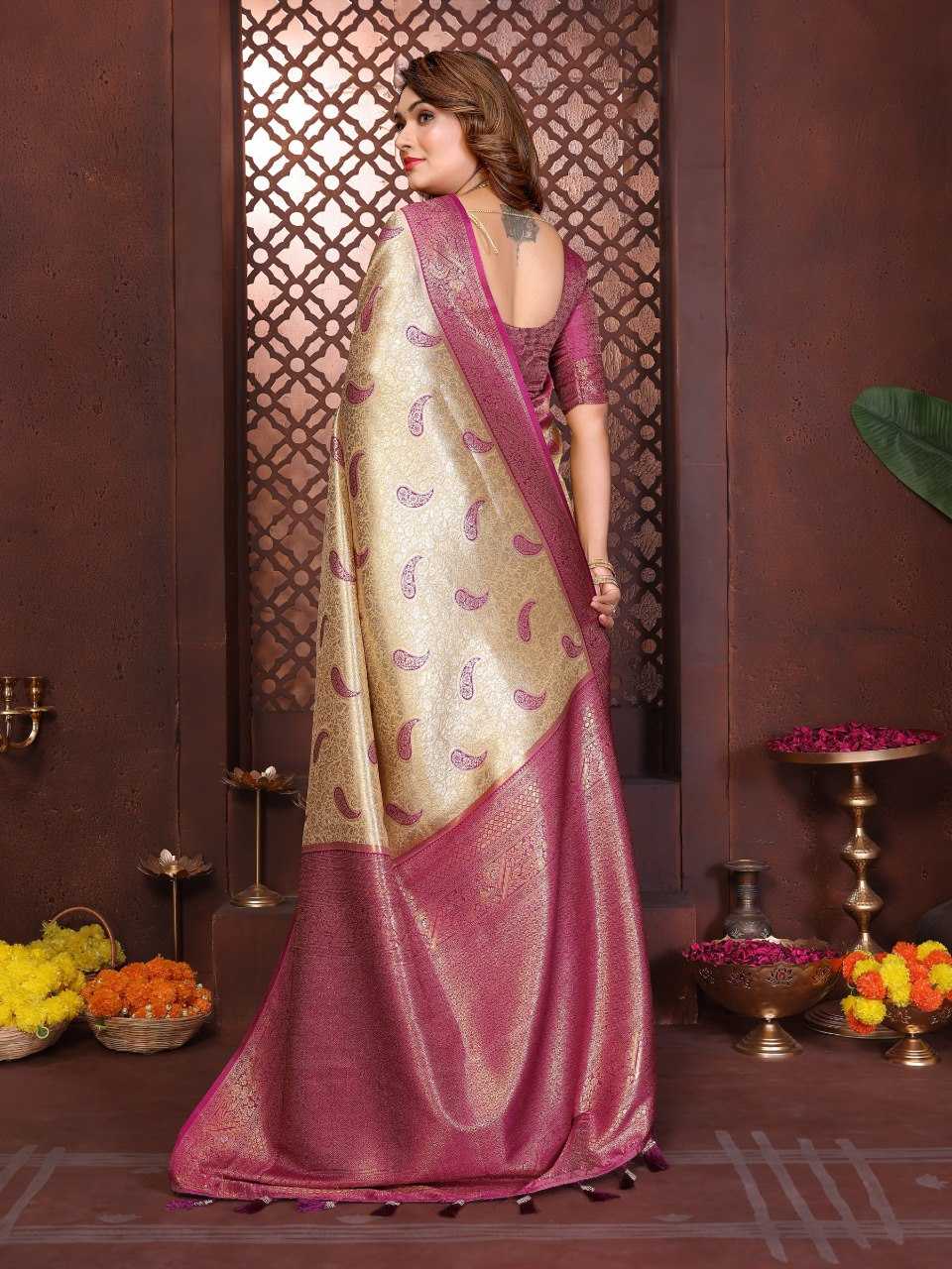 LayrLuxe “Aneri Royale Banarasi Soft Silk Saree” – Golden Body with Rich Contrast Maroon Weaving