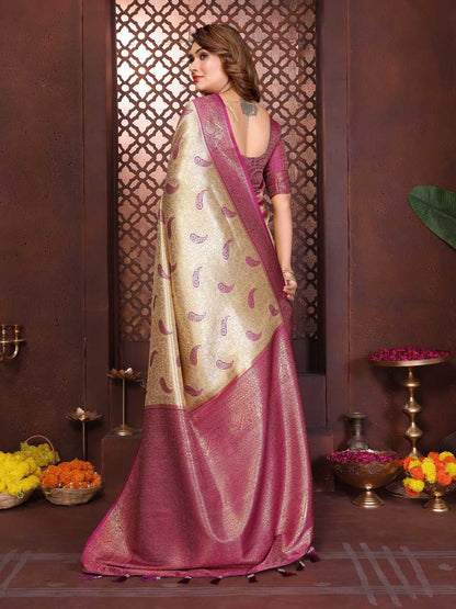 LayrLuxe “Aneri Royale Banarasi Soft Silk Saree” – Golden Body with Rich Contrast Maroon Weaving