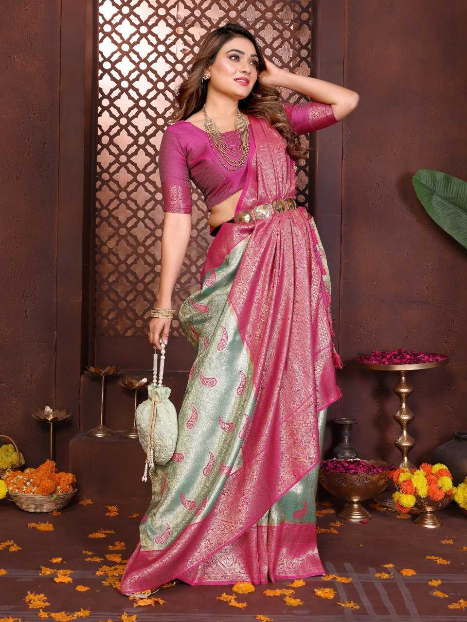 LayrLuxe “Aneri Royale Banarasi Soft Silk Saree” – Golden Body with Rich Contrast Maroon Weaving