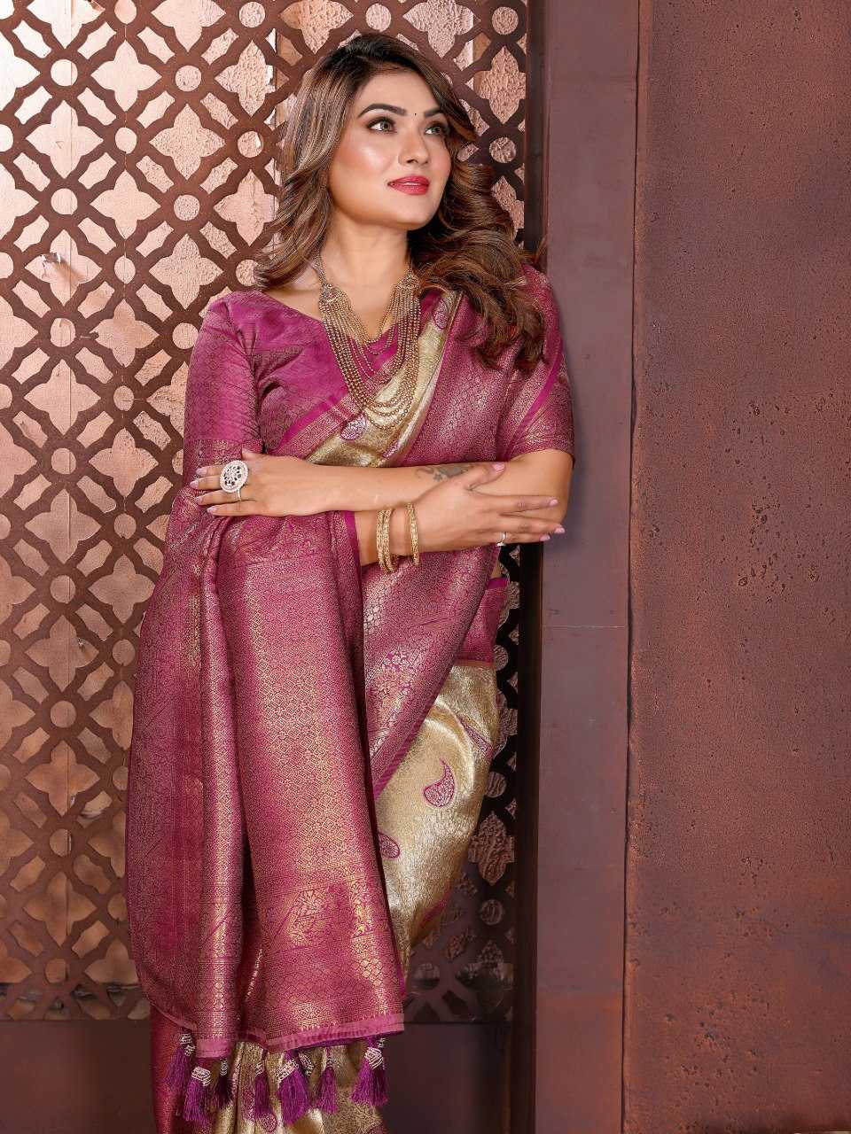 LayrLuxe “Aneri Royale Banarasi Soft Silk Saree” – Golden Body with Rich Contrast Maroon Weaving