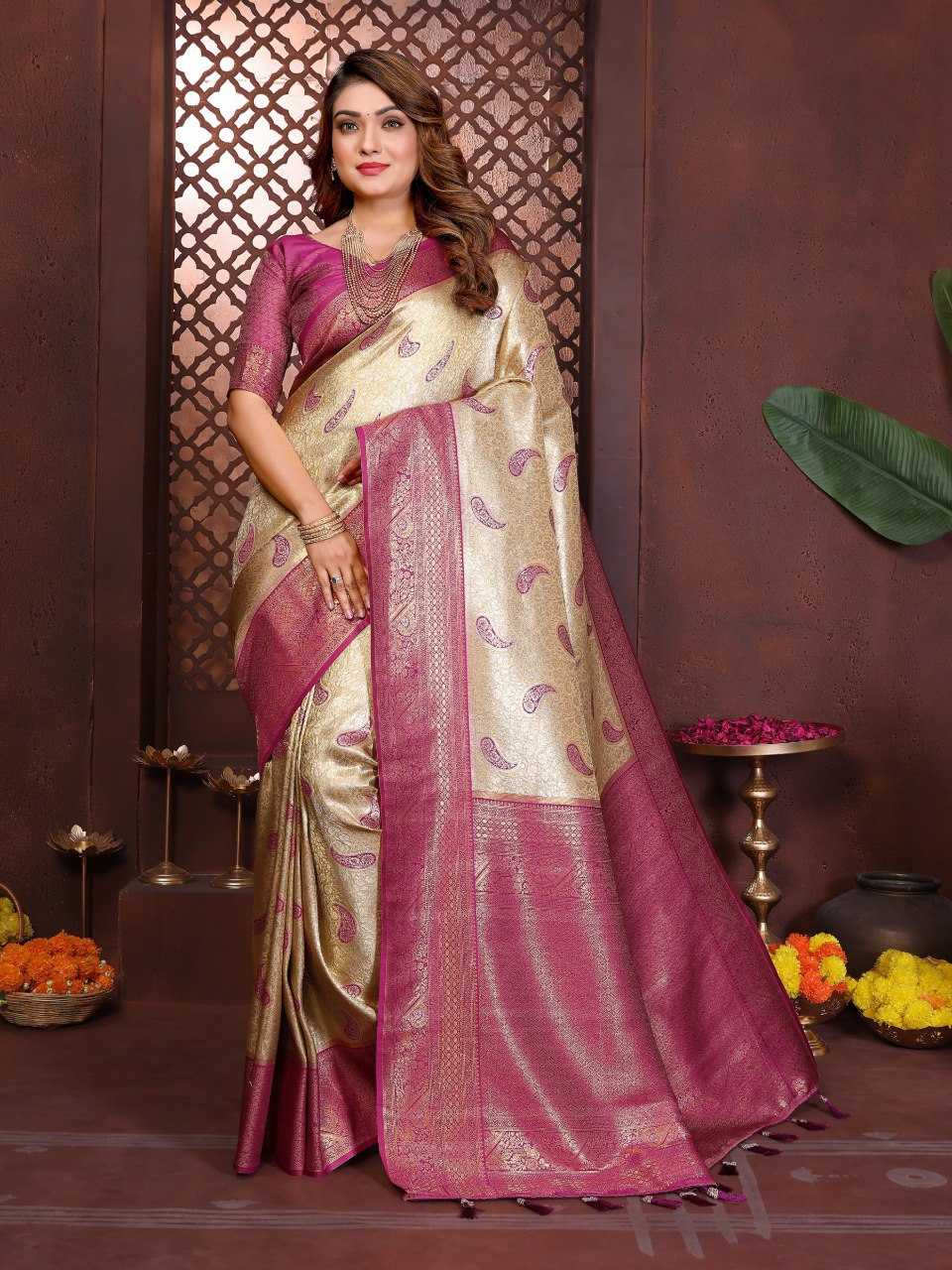 LayrLuxe “Aneri Royale Banarasi Soft Silk Saree” – Golden Body with Rich Contrast Maroon Weaving