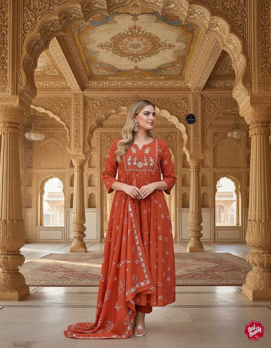 Premium Cotton Embroidered Anarkali Suit Set – Elegant Mal Cotton Dupatta & Festive Detailing