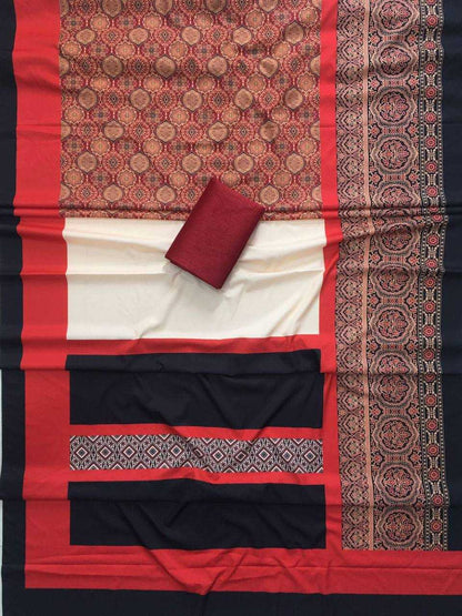 LayrLuxe “Heritage Mulmul Cotton Elegance” Digital Print Saree – Classic Red & Beige