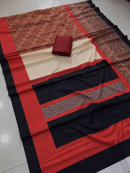 LayrLuxe “Heritage Mulmul Cotton Elegance” Digital Print Saree – Classic Red & Beige