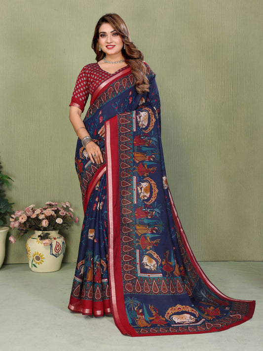 Elegant Mul Cotton Kalamkari Saree – Classic Navy & Maroon Edition