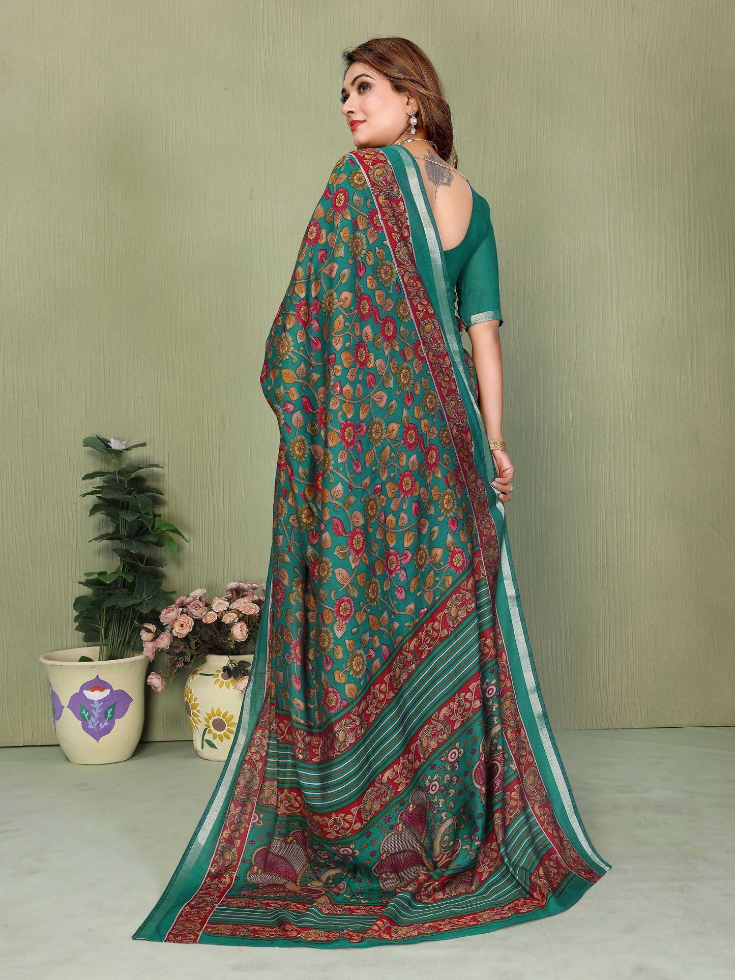 LayrLuxe “Heritage Blossom Mul Cotton Saree” – Teal Green Traditional Print Edition
