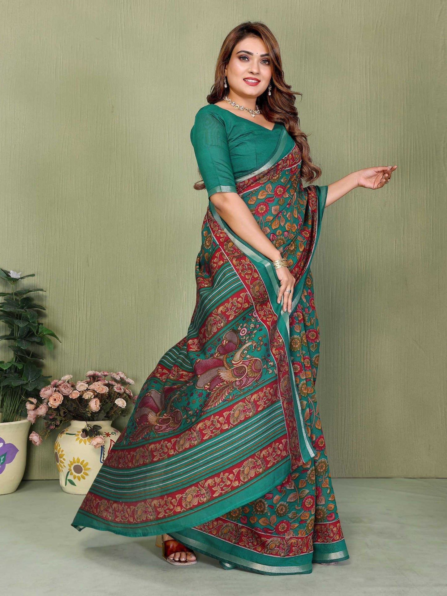 LayrLuxe “Heritage Blossom Mul Cotton Saree” – Teal Green Traditional Print Edition
