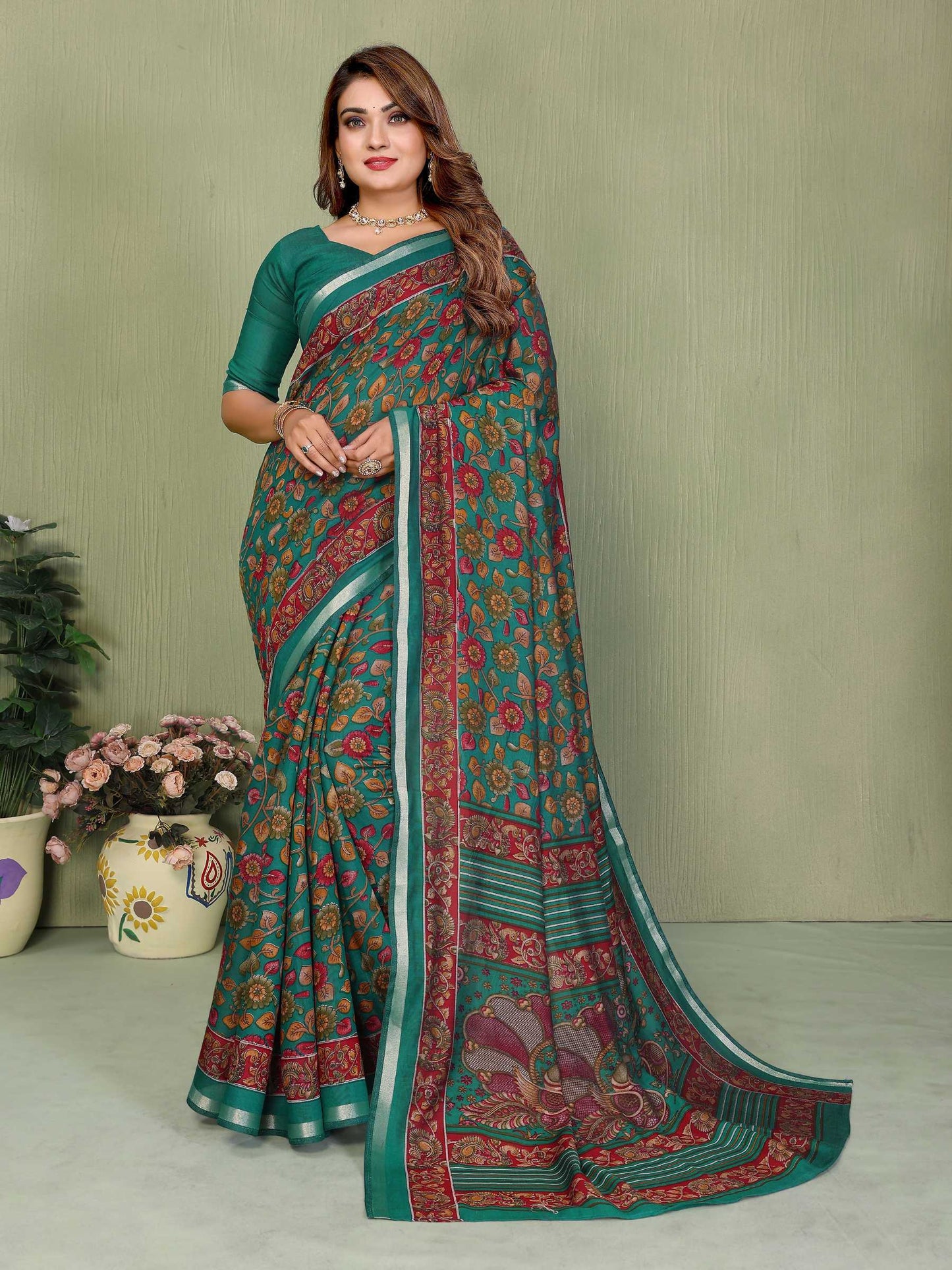 LayrLuxe “Heritage Blossom Mul Cotton Saree” – Teal Green Traditional Print Edition