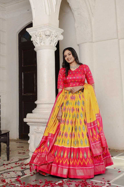 Vibrant Patola Dola Silk Lehenga Set – Stitched Lehenga | Unstitched Blouse | Printed Dupatta